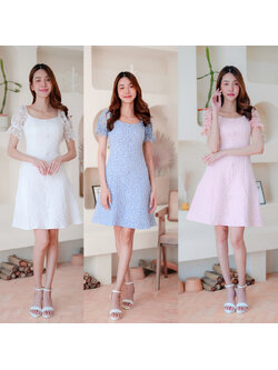 kudapy เดรสสั้นสีฟ้า/สีขาว/สีชมพู แขนลูกไม้แต่งกระดุม ใส่สบายสวยดูดี