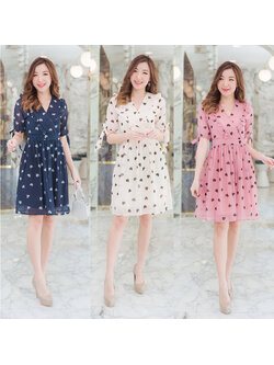 kudapy เดรสสั้นคอวีแขนสั้นผูกโบว์สีกรม/สีชมพู/สีครีม หัวใจอกระบายใส่ดูดีน่ารัก
