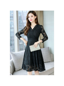 kudapy เดรสสั้นลูกไม้สีดำ เดรสทรงเข้ารูป คอวี แขนยาว แนวเรียบร้อย สวยสง่า ใส่ดูดี