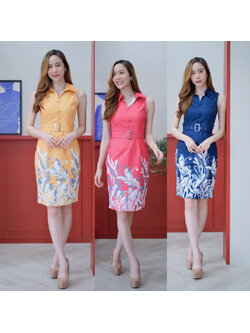 kudapy เดรสสั้นสีเหลือง/สีกรม/สีส้ม พิมพ์ลายกระโปร่ง แขนกุดคาดเข็มขัดสวยดูดี