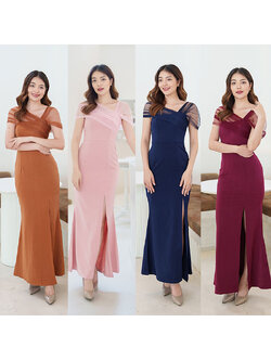 kudapy เดรสยาวสีน้ำตามอิฐ/ส้มอิฐ/สสีแดง/สีชมพู/สีกรม สไตล์เรียบหรูดูแพง ไหล่แต่งผ้าซีทรู กระโปรงยาวผ่าหน้า เหมาะสำหรับใส่เป็นชุดราตรี ชุดไปงานแต่งงาน ชุดเพื่อนเจ้าสาว