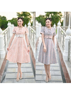 kudapy เดรสสั้นสีชมพูโอรส/สีฟ้าคราม เดรสผ้าไทย แขนสั้น ดีทิวโด่นเด่น ใส่ออกงานสวยดูดี