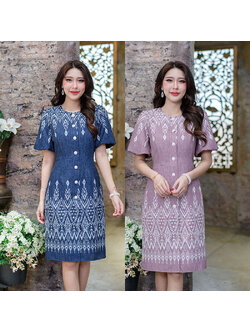 kudapy เดรสสั้นสีม่วงอมน้ำตาล/สีกรม ผ้าพิมพ์ลายไทย รุ่นนี้งานจริงสวยมากค่ะ แขนเป็นเย็บจั้มทรงตุ๊กตาน่ารัก ด้านหน้าเป็นกระดุมมุกประแต่งเพชร