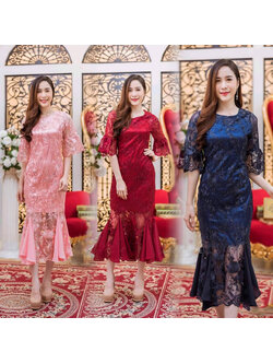 kudapy ชุดเดรสลูกไม้ไปงาน สีแดงสด/สีชมพูโรสโกลด์/น้ำเงินกรมท่า ซับในซาตินอย่างดี แต่งชายทรงหางปลาด้วยผ้าซีทรูเพิ่มดีเทลเซ็กซี่