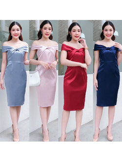 kudapy เดรสสั้นสีกรม/สีฟ้า/สีชมพูกลีบบัว/ สีแดง เปิดบ่าทวิชอก กระโปรงสอบ ซิปหลังใส่ง่าย เนื้อผ้าดัชเชสอัดกาว