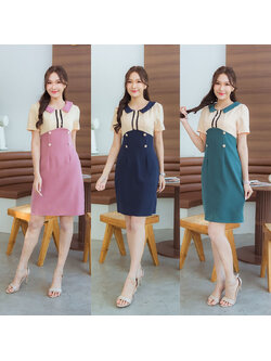 kudapy มินิเดรสสั้นสีเขียว/สีกรม/สีชมพู ทรงเข้ารูป คอปก แต่งกระดุมปักผ้าระบายสีดำ