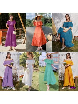 kudapy Maxi Dress เดรสยาวสีขาว ม่วงอ่อน ม่วงเข้ม ส้ม เขียวทะเล เขียวมิ้นท์ เหลือง เปิดไหล่ แขนระบาย ชายเดรสแต่งระบายรอบ มีซับในกระโปรง