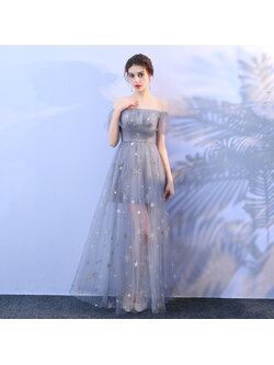 kudapy ชุดราตรียาวสีเทา อออกงานทรงปาดไหล่ ใส่ดูดี