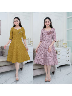 kudapy เดรสสั้นสีเหลืองมัสดาส/สัชมพูกะปิ ผ้า jacquard ลายดอกลิลลี่สุดฮิต ผ้าสวยตลอดกาล วันนี้ทำมาให้ใหม่ทรงสวยๆกระโปรงบานตัวเสื้อคอโค้งวีสวย แขนศอก