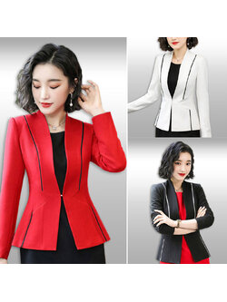 kudapy เสื้อสูทผู้หญิงสีขาว/ดำ/แดง แต่งลายทูโทน ไม่มีปกคอแต่งขลิบสีดำเนื้อผ้ามีความวาววิ้งค์