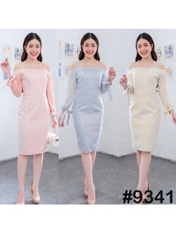 kudapy เดรสสั้นไปงาน เดรสผ้าไหมเปิดไหล่แขนยาวสีชมพู สีฟ้า สีครีมทอง แขนยาวผ้าชีฟองแต่งโบว์ที่ปลายแขน งานมีซับใน ซิบหลังอย่างดี