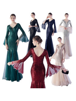 kudapy ชุดราตรียาวคอวีแขนกระดิ่งผ้ากริสเตอร์ทรงหางปลา โชว์หลังตัววี ผ้ายืดตามตัว