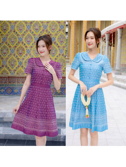 kudapy เดรสสั้นสีฟ้า/สีม่วง ผ้าไทยทรงบานคอบัวแต่งกระดุม ทรงสวย ใส่ได้ในหลายโอกาส