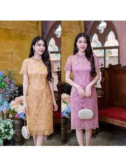 kudapy เดรสสั้นสีเหลืองทอง/สีชมพูกะปิ ทรงแขนสั้นผ้าลูกไม้เงาผ้าสวยพรีเมี่ยม งานลายเชิงผ้าช่วงแขนและชายกระโปรงสวยมาก