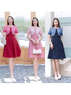 kudapy เดรสสั้นสีชมพู/สีแดง/สีกรม ทรงบานกระโปรงสีพื้นแต่งเสื้อลายไทย