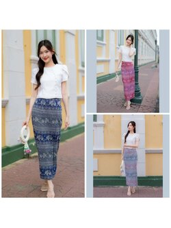 kudapy ชุดเซตผ้าไหมลายไทยใส่ออกงานสีกรมท่า สีฟ้า สีแดง พร้อมเสื้อลิซ่าสีขาว