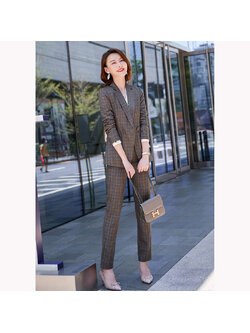 kudapy ชุดสูททำงานผู้หญิงสีช็อกโกแลตลายตารางพร้อมกางเกง