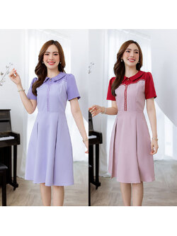 kudapy เดรสสั้นสีชมพูแดง/สีม่วง คอปกทูโทน สวยเก๋มากๆค่ะ ใช้ผ้าพื้นทูโทนตัดต่อกัน กระโปรงจับทวิสสวย มีดีเทลเคริฟช่วงอกแต่งด้วยเส้นตัวแต่งตัดสี