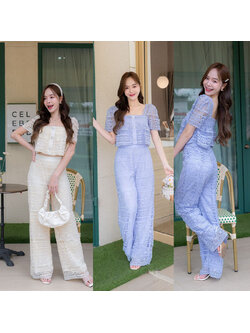 kudapy เซตเสื้อสีครีม/สีม่วง เสื้อครอปลูกไม้แต่งแขนตุ๊กตากิมมิคกางเกงขายาว