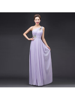 kudapy ชุดราตรียาวสีม่วง ไหล่เดียว Lavender ผ้าชีฟอง แต่งเลื่อม+มุก ช่วงเนินอกและเอว