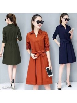 kudapy เดรสสั้นสีฟ้า/สีเขียว/สีเขียวขี้ม้า ผ้าซาร่าสีพื้นปกเชิ้ต แขนศอก เอวไม่สมม๊อค มีเชือกผูกโบว์เข้ารูปสวย