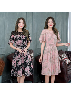 kudapy เดรสสั้นสีชมพู/สีดำ ผ้าชีฟอง อกช่วงบนตัดต่อด้วยผ้าลูกไม้ แขนเสื้อจะสวยเป็นพิเศษ