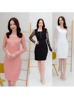 kudapy เดรสสั้นสีชมพู/สีขาว/สีดำ อกซิบแขนลูกไม้ยาว