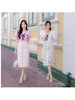 kudapy เดรสสั้นสีชมพู/สีขาว แขนตุ๊กตาแต่งโบว์อก