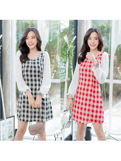 kudapy เดรสสั้นลายสก้อตใส่ทำงานสีแดง/สีดำ ลายสก็อตแขนยาวชีฟอง