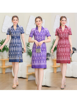 kudapy เดรสงานเนื้อผ้าไหม คล้ายไหมกาบแก้ว งานผ้าอัดกาวมีซับใน คอปก ตรงเอวแต่งที่คาดกระดุมหลอก