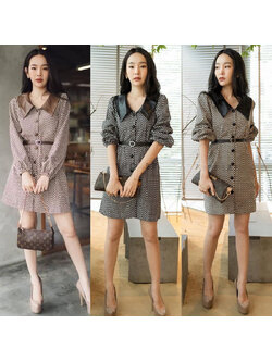 kudapy เดรสสั้นสีเทา/สีดำ/สีน้ำตาล เชิ้ตกระดุมหน้า ผ้าลูกฟูกแบบบาง พร้อมเข็มขัดสุดเก๋