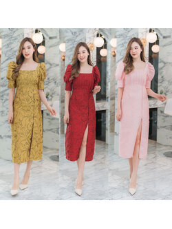 kudapy เดรสยาวสีชมพู/สีแดง/สีเหลือง ผ่าหน้าแขนตุ๊กตา สวยดูดีใส่สบาย