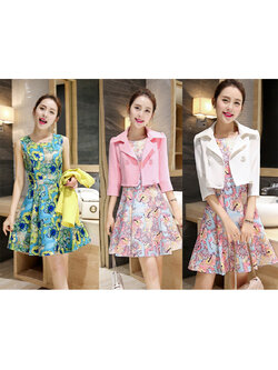 kudapy ชุดเซ็ทเสื้อสูทและเดรส สีชมพู,สีขาว,สีเขียว เสื้อสูท:ผ้าคอตตอนผสมโพลีเอสเตอร์ คอปก แขนยาวสี่ส่วน