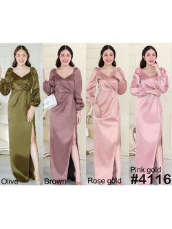 kudapy เดรสยาวสีโรสโกล/สีชมพู/สีน้ำตาล/สีเขียว แขนยาว จับจีบอกทิวลิป จีบเอวพรางหน้าท้อง บ่าและปลายแขนสม็อคยืดได้ แขนจั้มได