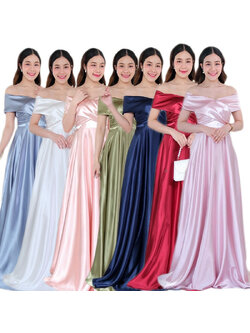 kudapy เดรสยาวสีแดง/สีรสโกล/สีชมพู/สีฟ้า/สีขาว/สีเขียวอทเทา/สีกรม เปิดบ่า อกไขว้ กระโปรงบานเจ้าหญิง เนื้อผ้าซาติน