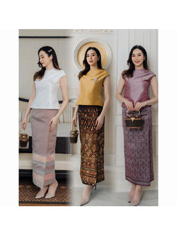 kudapy ชุดเซ็ทเสื้อผ้าไหมแพรทิพย์เกรดพรีเมี่ยมอัดกาวอย่างดีสีขาว/สีทอง/สีม่วง + ผ้าถุงเย็บสำเร็จทอลายอัดกาว
