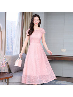 kudapy เดรสลูกไม้ยาวสีชมพู แขนสั้น กระโปรงทรงบานคลุมเข่า แนวเรียบร้อย สวย ดูดี ชุดเดรสทำงาน ชุดเดรสออกงาน