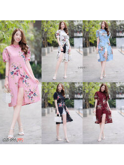 kudapy Set 2 ชิ้น เดรสคอปีนผ่าหน้า แขนตุ๊กตา เนื้อผ้าหางกระรอกพิมพ์ลายดอกกุหลาบ