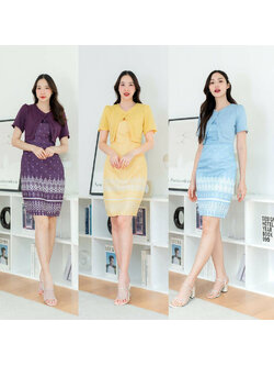 kudapy เดรสสั้นสีม่วง/สีเหลือง/สีชมพู เดรสผ้าลายไทยกั๊กผ้าพื้น