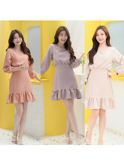 kudapy เดรสแขนยาวคอกลม จั๊มที่ปลายแขนเบาๆ รูดเอวเพิ่มเลเยอร์เก๋ๆ แต่งระบายชายพลิ้ว ผ้าใส่สบาย