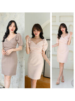 kudapy เดรสสั้นสีสีครีม/สีโอวัลติน คัตติ้งเริ่ดๆ ช่วงอกจับเดรปป้ายกันสวยมาก ตัวนี้ทำมาเป็นแบบมีแขนจับยกไหล่นิดๆ