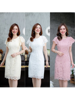 kudapy เดรสสั้นสีฟ้าคราม/สีครีม ลูกไม้แขนปีก สวยหวาน ลายลูกไม้สวย ใช้ผ้าลูกไม้อย่างดี ชุดนี้ใช้เชิงลูกไม้ทำระบายช่วงแขนและชายกระโปรง