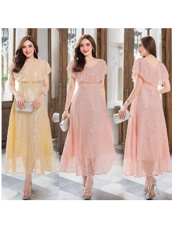 kudapy ชุดราตรีออกงานผ้าปักเลื่อมสีพิ้งโกล์ด / ทอง คอวี เนื้อผ้าปักเลื่อมกลิตเตอร์เงาสวย ช่วงคอแต่งระบาย มีซับในผ้าคอตตอลในตัวพร้อมซิป