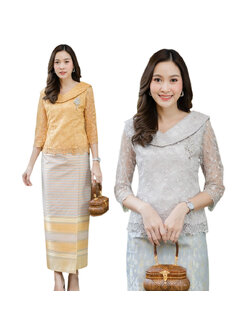 kudapy เสื้อลูกไม้สีเทา/สีทอง คอปาดกว้าง แขนยาวสามส่วน ไหหล่เย็บแต่งสามมิติ เอวเก็บทรงสวยมากค่ะ (เฉพาะเสื้อนะคะ)