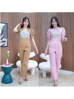 kudapy จั๊มสูทขายาวสีชมพู/สีน้ำตาล อกผ้าทอสวยดูดีใส่ออกงานน่ารักมากๆ