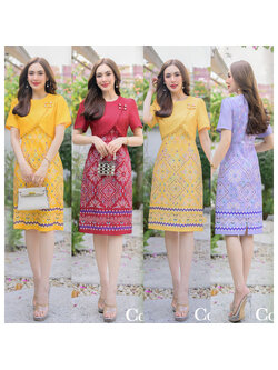 kudapy เดรสสั้น เดรสผ้าโพสลีเอสเตอร์เกาหลีแต่งกั๊กติดกระดุมมุกงาน พิมพ์ลายไทยแพรวา มีซับในและชิปหลังใส่สบาย