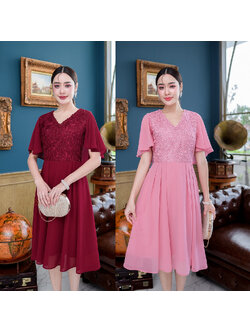 kudapy เดรสสั้นสีแดง/สีชมพู ผ้าลูกไม้เลื่อมปีกค้างคาว กระโปรงผ้าชีฟองพริ้วสวยจับจีบทวิสรอบเอว