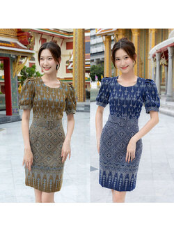 kudapy เดรสสั้นสีกรม/สีน้ำตาล ผ้าลายไทยแขนสั้น ผ้าใส่สบายสวยดูดี ใสออกงาน ใส่ทำงาน+เข็มขัด