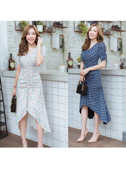 kudapy เดสรหน้าสั้นหลังยาวสีขาว,สีกรม คอกลม พิมพ์ลายดอก รูดเอวได้ แขนมีเชือกผูกโบว์ใส่ดูดีมากๆ