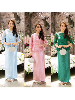 kudapy ชุดผ้าไหมอิตาลีสีเขียว/สีฟ้า/สีชมพู คอกลม เอวดีด แต่งคอเสื้อด้วยลูกไม้อีกชั้น งานเย็บประณีต มีซับใน หรูหรา ดูแพง